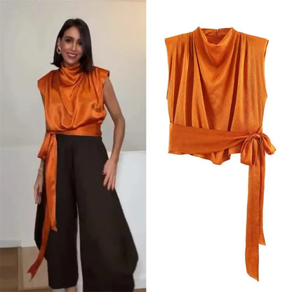 Sleeveless Draped Satin Long ribbon Waist-Tie Top