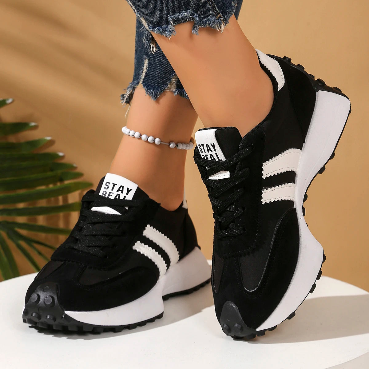 New Style Elegant Lace Up Casual Shoes Women Spring/Autumn Round Toe Thick Sole Anti Slip Comfortable Sports Shoes