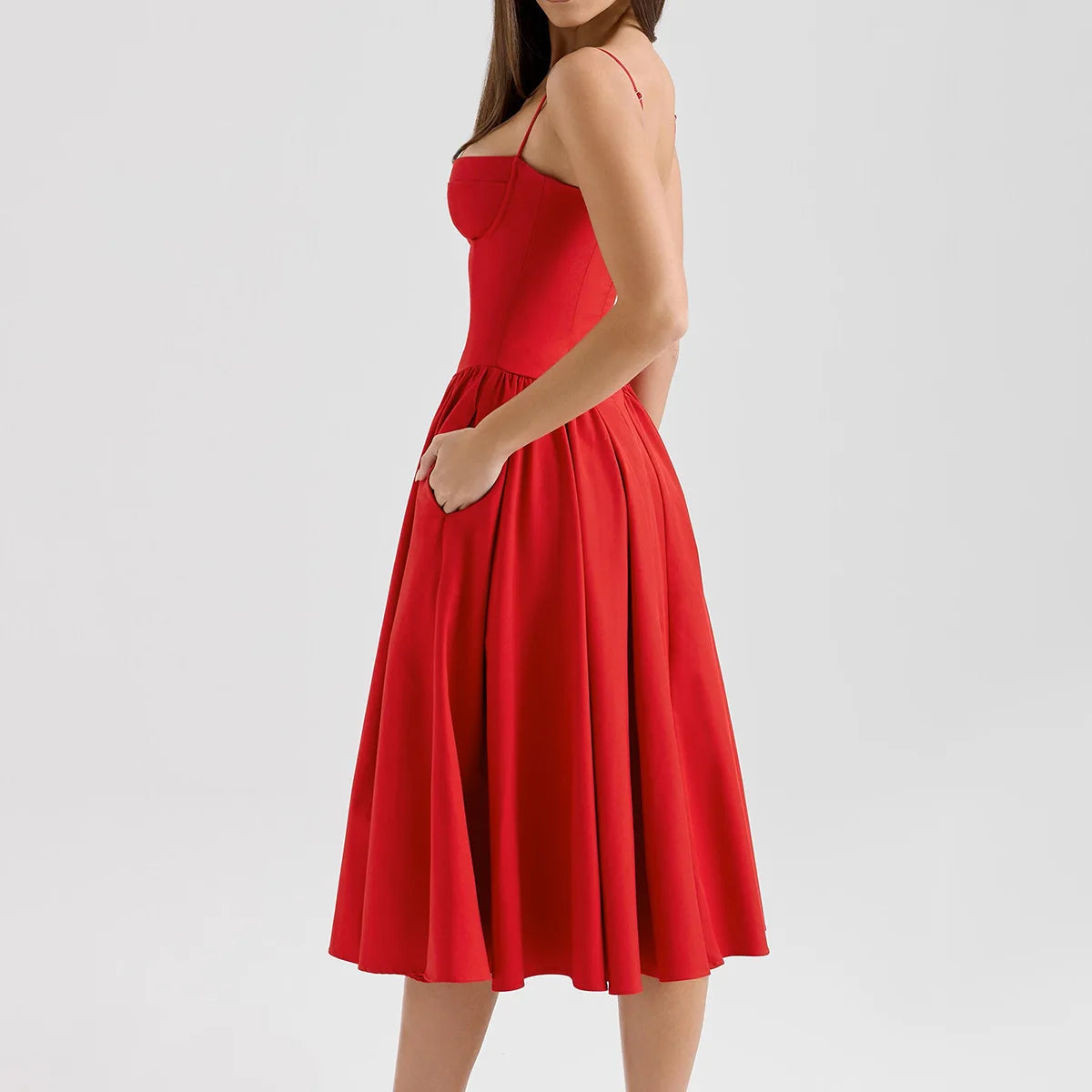 Sweetheart Spaghetti Strap  Fit and Flare Elegant Midi Dress