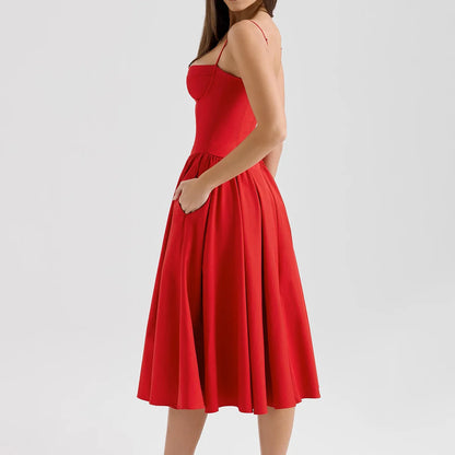 Sweetheart Spaghetti Strap  Fit and Flare Elegant Midi Dress