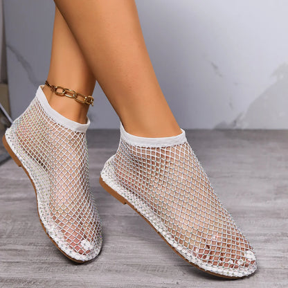 Round Toe Flat Bottom Sandals Hollow Short Boots Diamond Sexy Flat Bottom Shoes