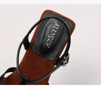 Sandals Summer Low Heel Ankle Strap Buckle Sandals Pointed Toe Hollowed Out T-strap Sandal
