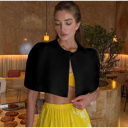 Shawl Crop Tops  Solid Shoulder Pads Stand Collar