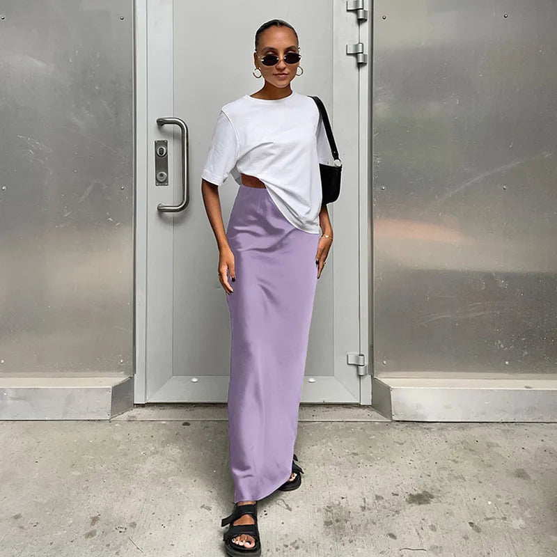 Elegant Long  Slim High Waist Satin Black Trumpet Skirts