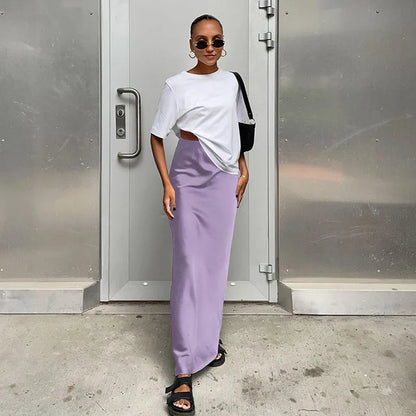 Elegant Long  Slim High Waist Satin Black Trumpet Skirts