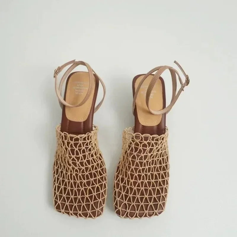 Luxury women's lace Mesh Fashion Sandals- Square Toe Shallow Narrow Strap Braided Slip-on High Heels Sandals
