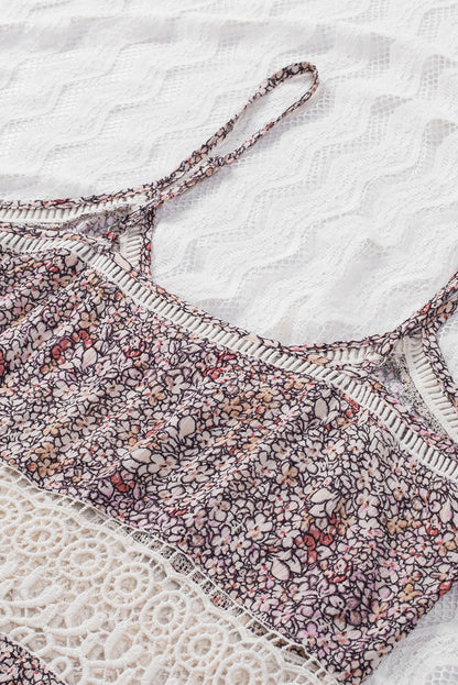 Multicolor Floral Print Lace Crochet Spaghetti Strap Tank Top
