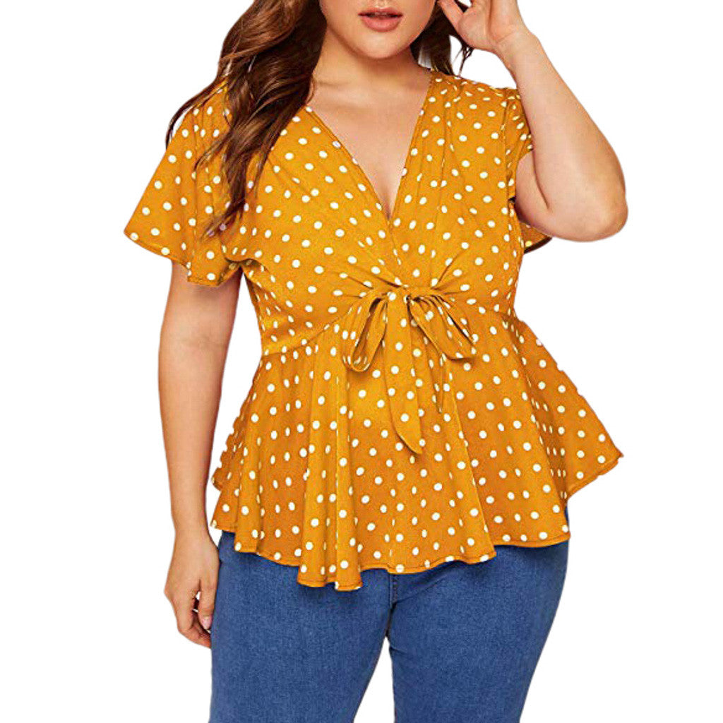 Women's Polka Dot V-Neck Short Sleeve Top