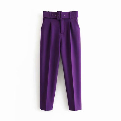 High Waist Slim Fit Suit Pants with Belt
