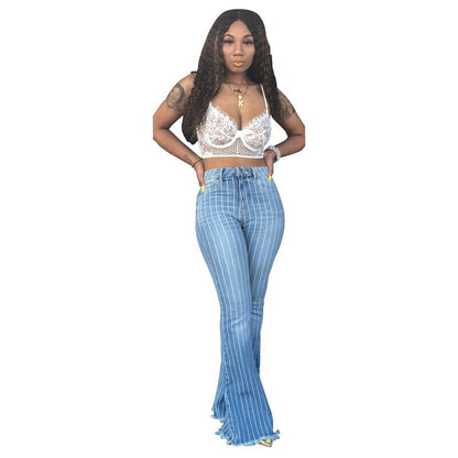 Blue High Waist Striped Flare Jeans