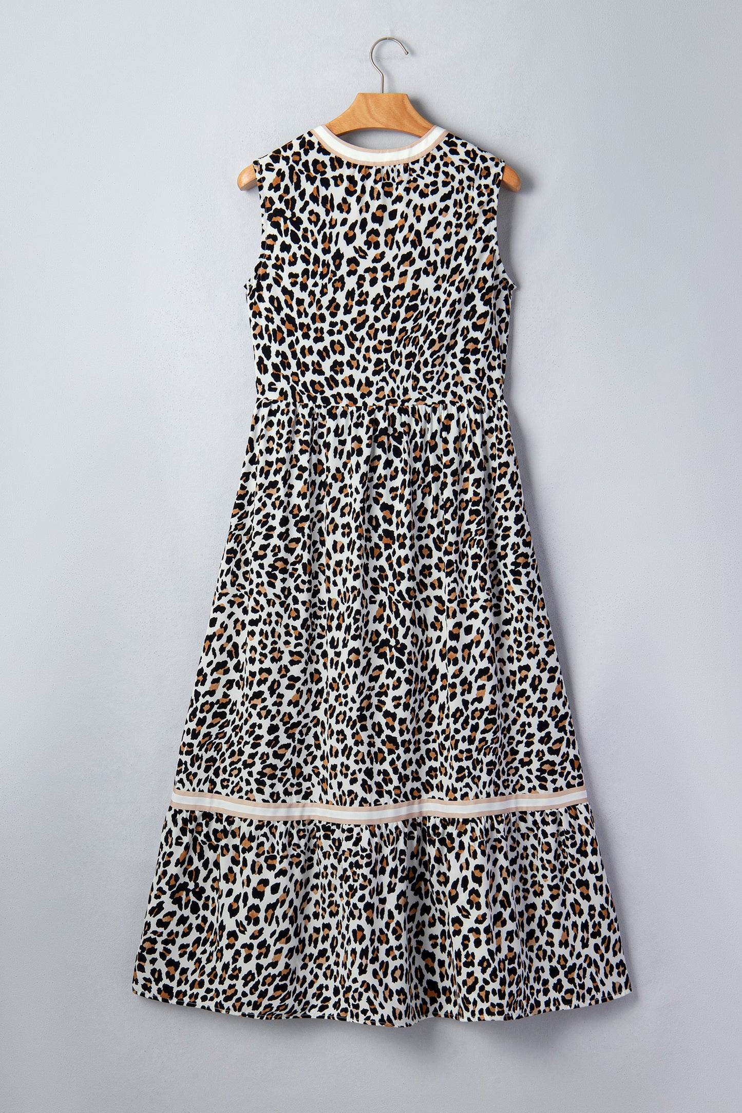 White Leopard Print Colorblock Trim Sleeveless Midi Dress