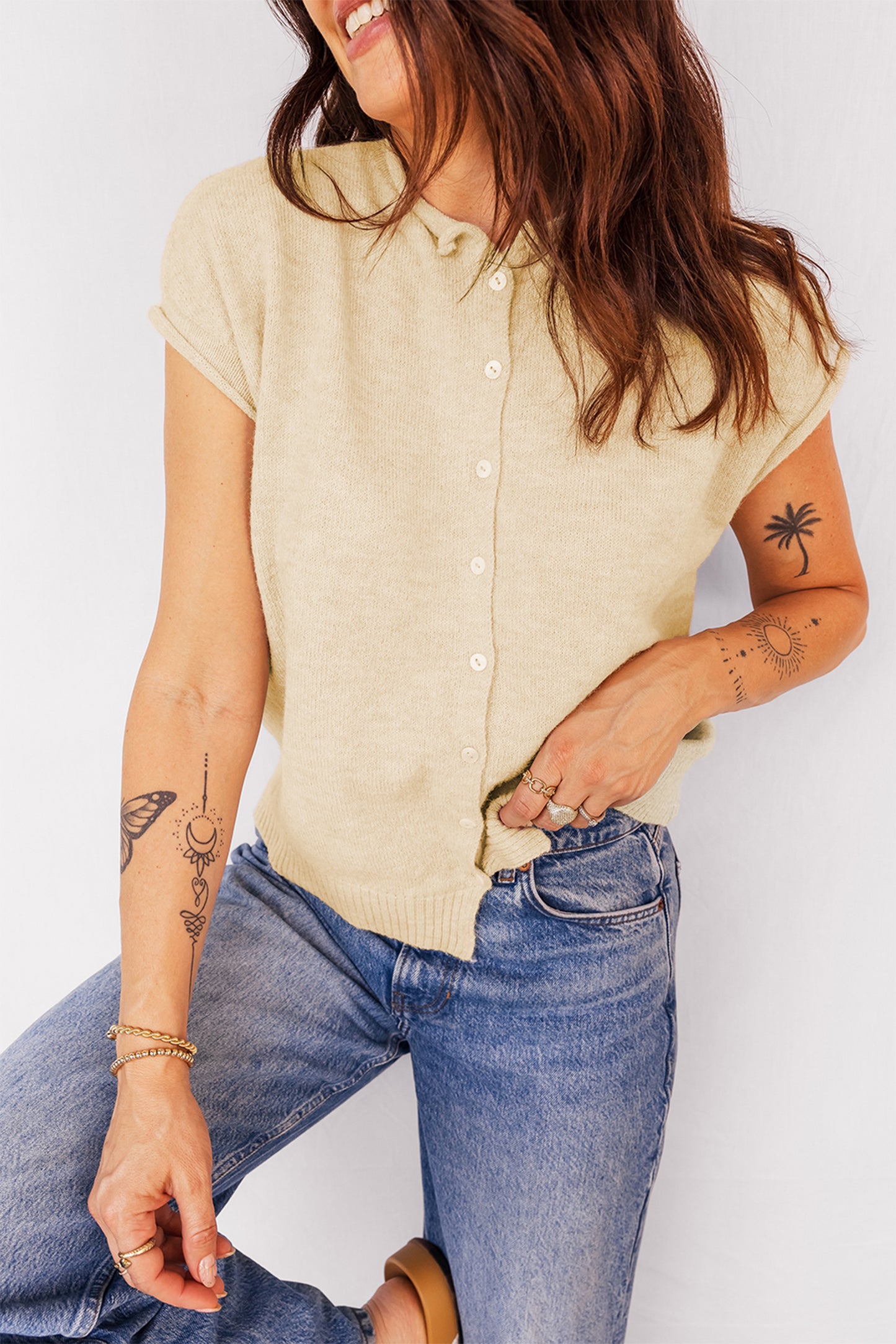 Apricot Buttoned Front Rolled Hem Cap Sleeve Sweater Top