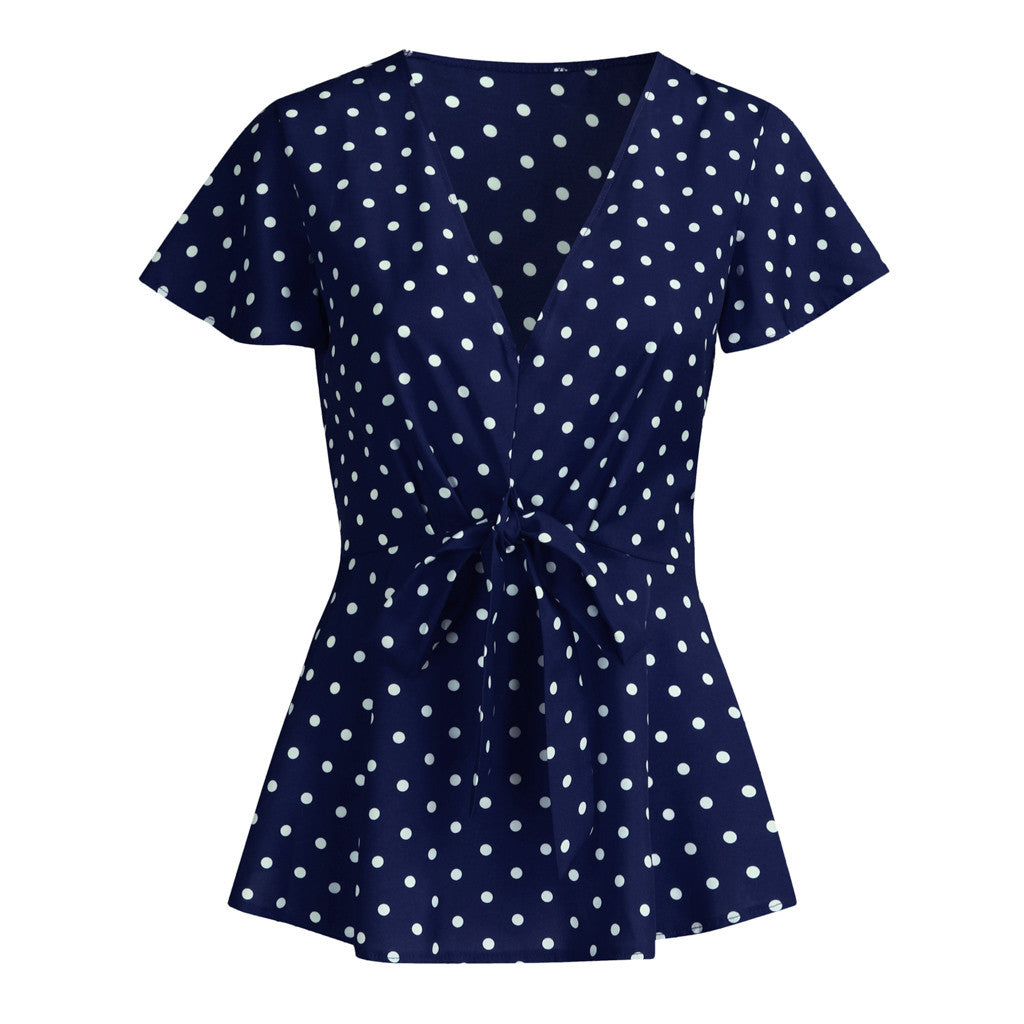 Women's Polka Dot V-Neck Short Sleeve Top