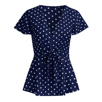 Women's Polka Dot V-Neck Short Sleeve Top