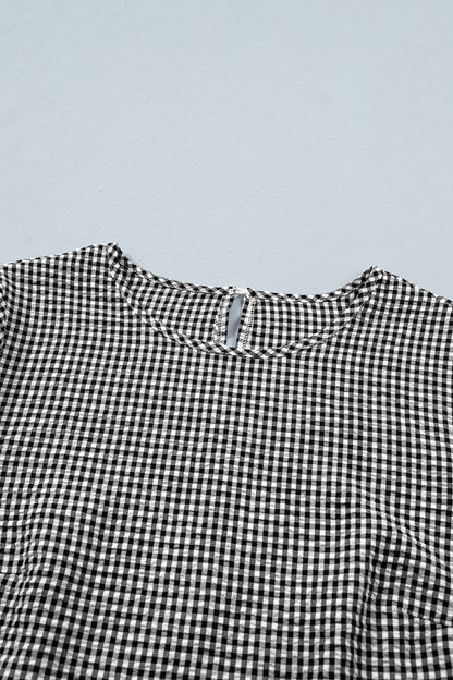 Black Plaid Bow Ruffled Half Sleeve Round Neck Blouse