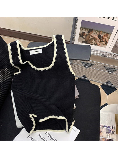 U-neck Ribbed Contrast Knitted Summer top