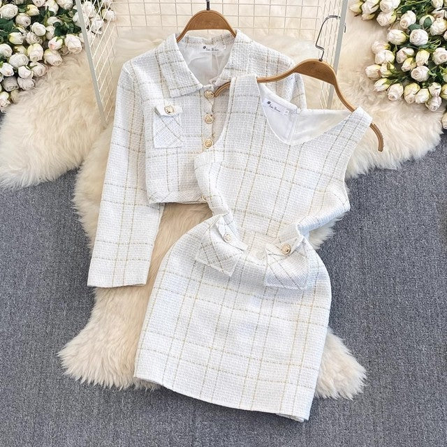 Elegant 2-Piece Checkered Tweed Blazer & Mini Dress