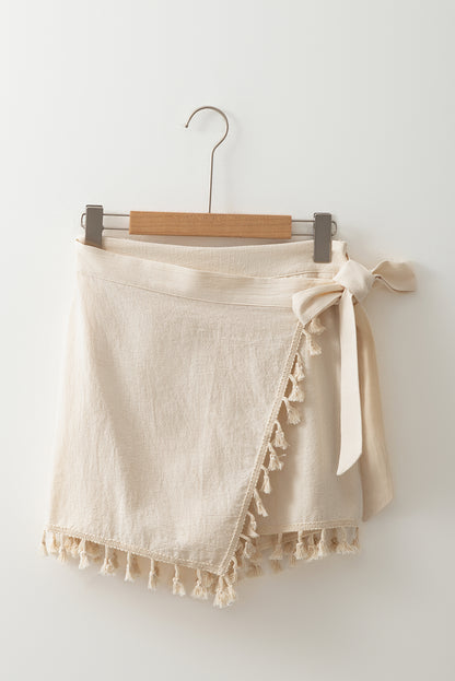Apricot Tassel Trim Wrap Knot Side Bohemian Style Mini Skort