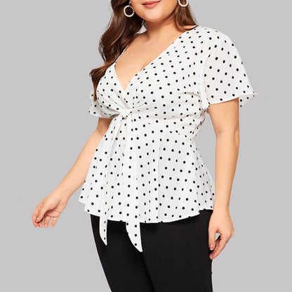 Women's Polka Dot V-Neck Short Sleeve Top