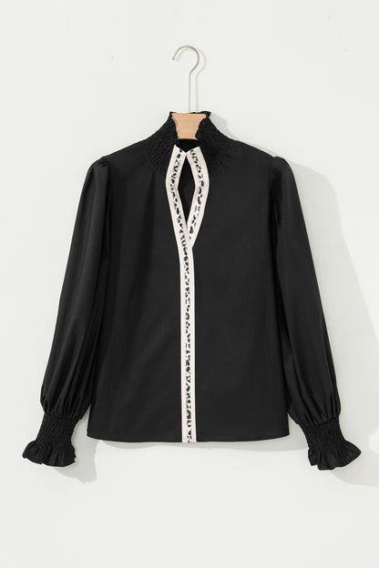 Evergreen Puffy Flounce Sleeve Leopard Trim V Neck Blouse
