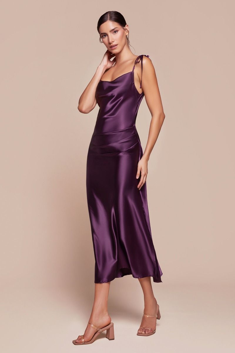 Sleeveless Soft Satin Sheath Dress w/ Cowl Neckline & Tied Straps CDBD103