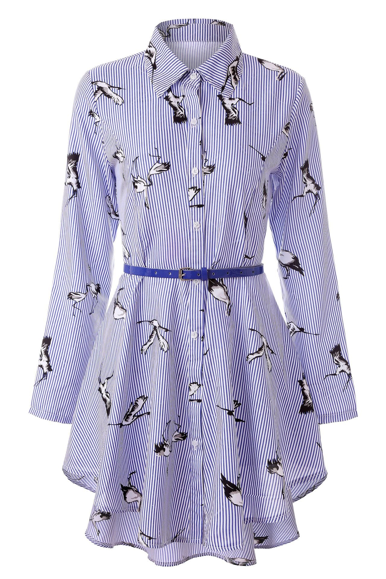 Striped Long Sleeve Shirt Dress with Belt for Women