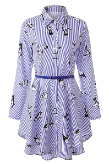 Striped Long Sleeve Shirt Dress with Belt for Women