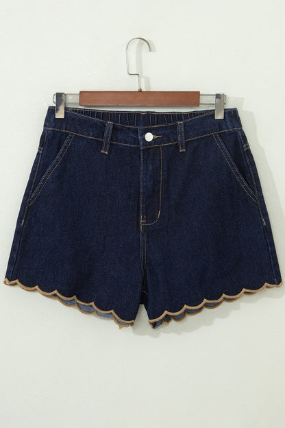 Navy Blue Embroidered Scalloped Trim Relaxed Denim Shorts
