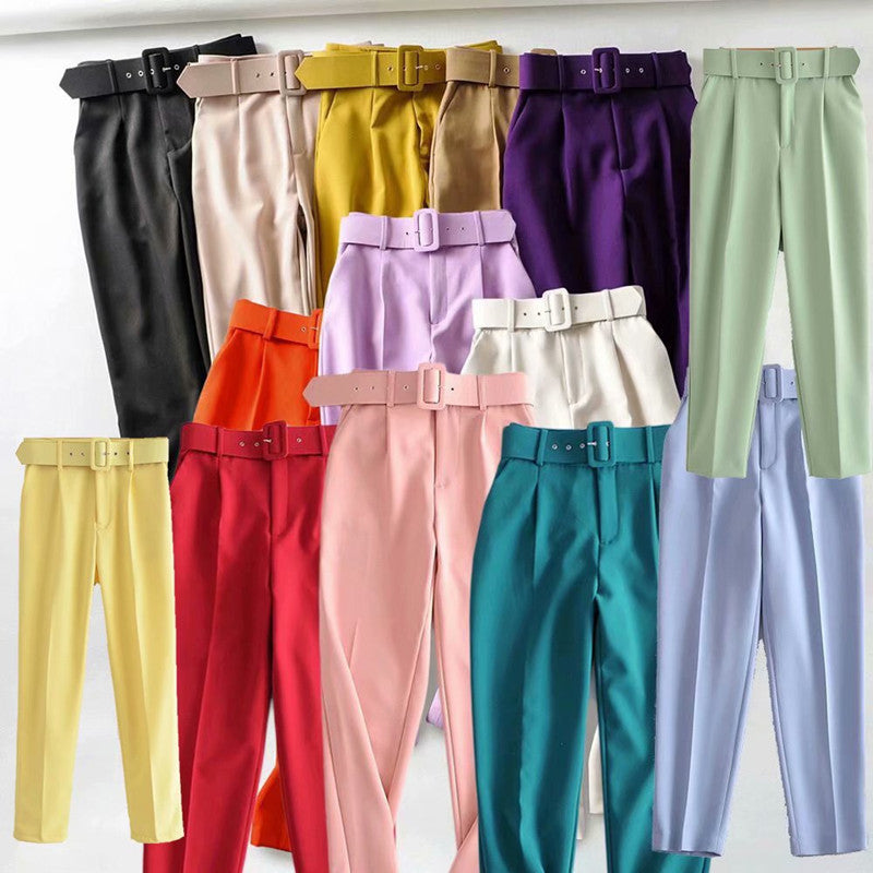 High Waist Slim Fit Suit Pants with Belt