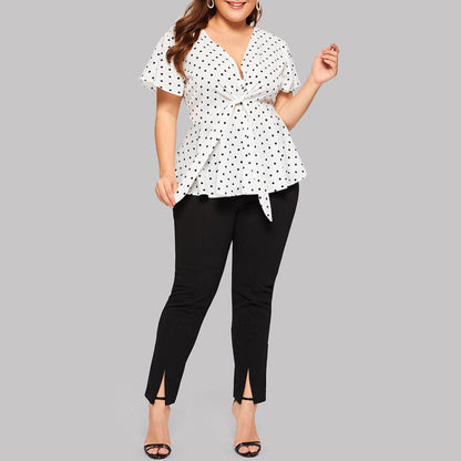 Women's Polka Dot V-Neck Short Sleeve Top