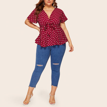 Women's Polka Dot V-Neck Short Sleeve Top