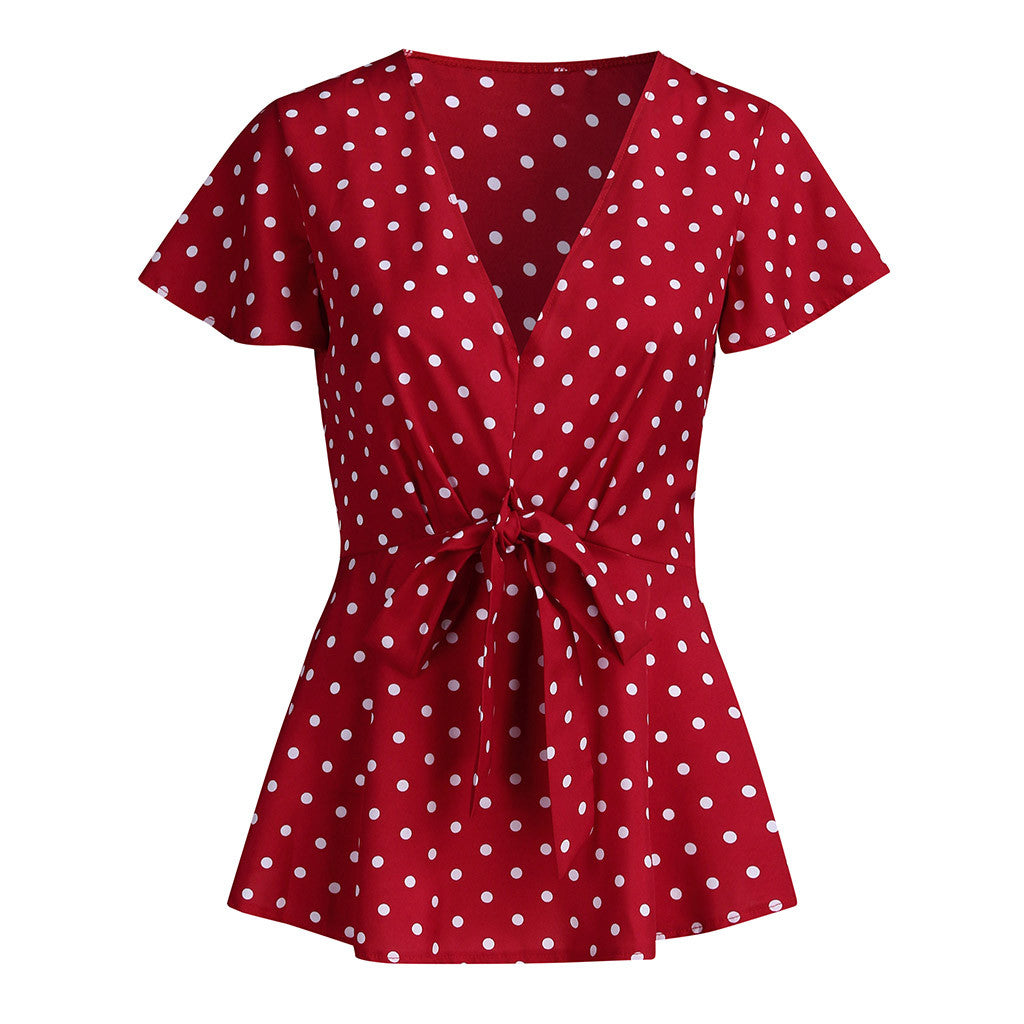 Women's Polka Dot V-Neck Short Sleeve Top