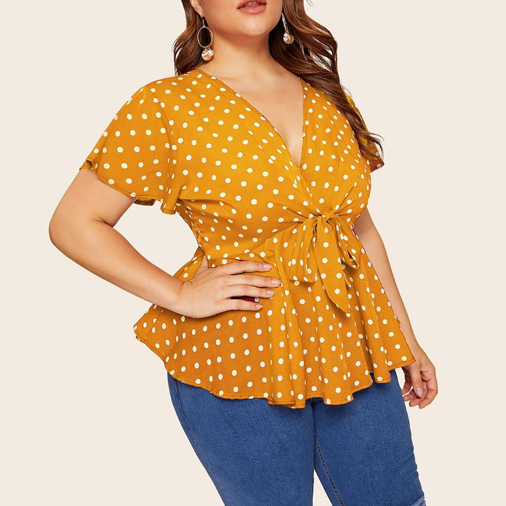 Women's Polka Dot V-Neck Short Sleeve Top