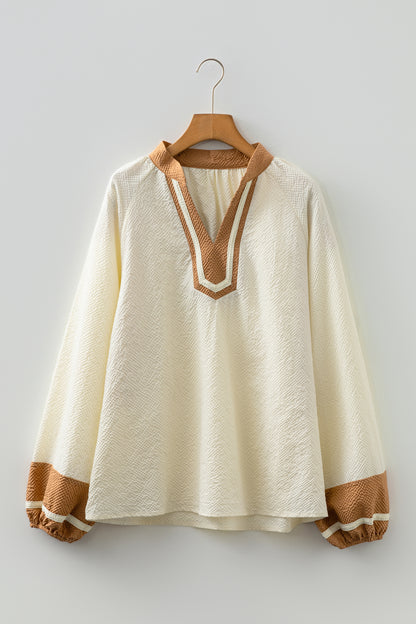 Black Color Block Patchwork Detail V Neck Textured Long Sleeve Blouse