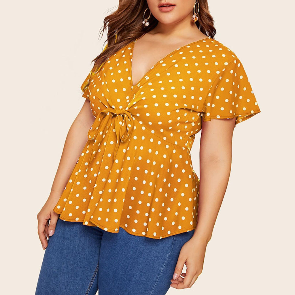 Women's Polka Dot V-Neck Short Sleeve Top