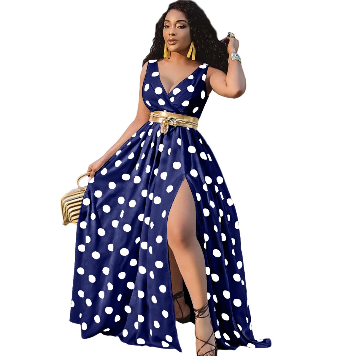 Fashionable Long Polka Dot Digital Print Dress- NO BELT