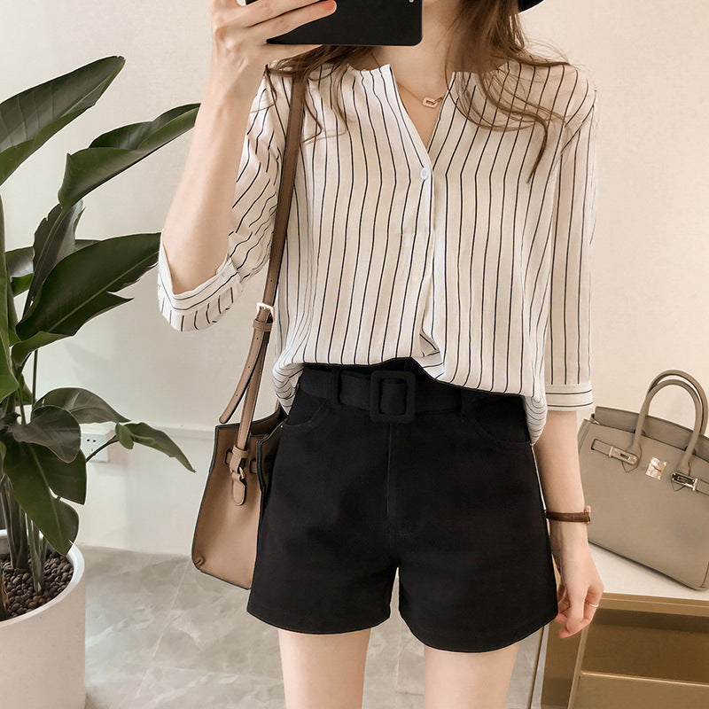 Thin Striped Short Sleeve Blouse for Women