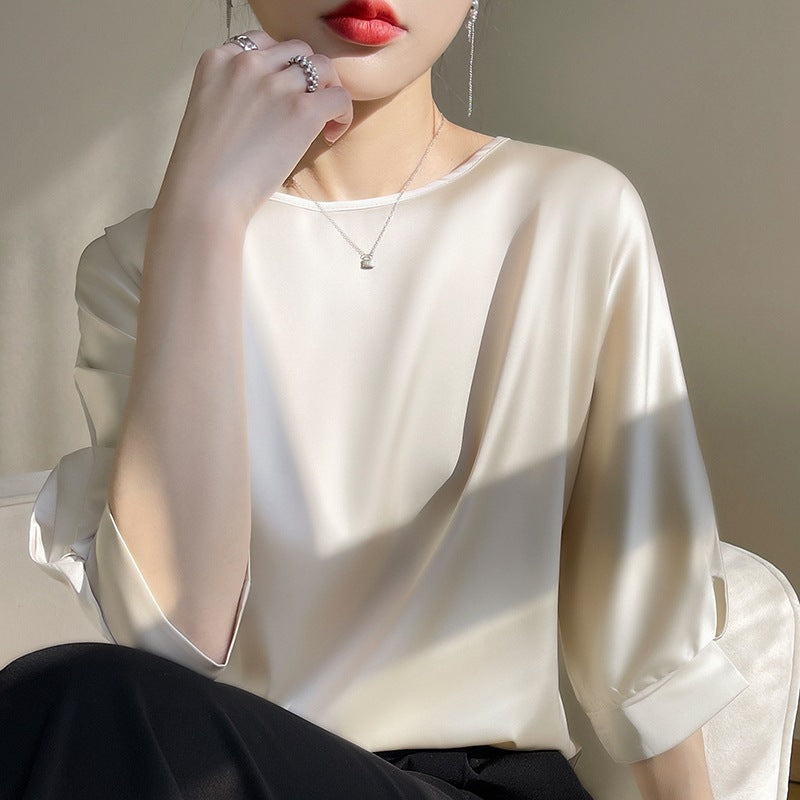 Middle length Sleeve Satin Blouse - Plus Size