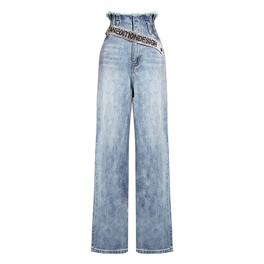 Wide High Waist Leg Jeans with Rhinestone Belt