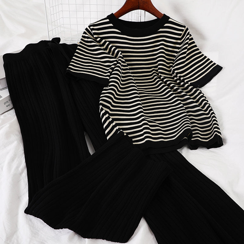 Chic Loose Short Sleeve Knit Top and Wide Leg Pants Set