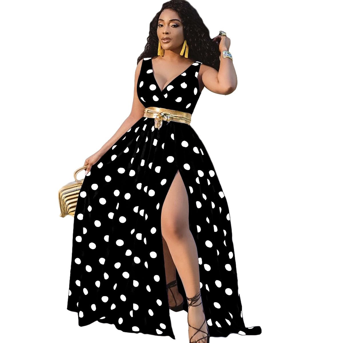 Fashionable Long Polka Dot Digital Print Dress- NO BELT