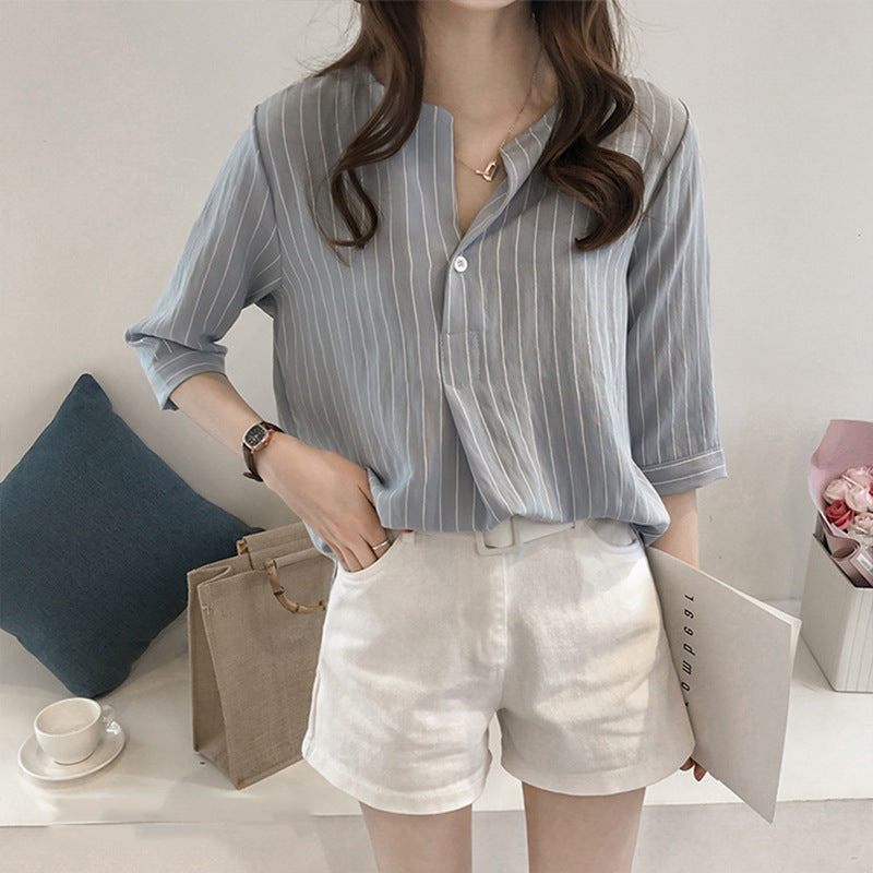 Thin Striped Short Sleeve Blouse for Women