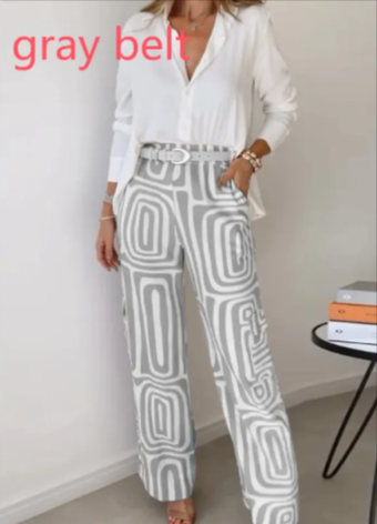 2 piece set- Printed Lapel Shirt & Wide Leg Pants