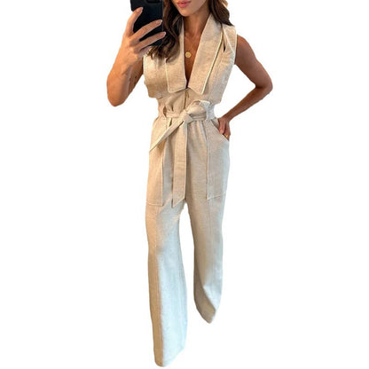 Women's Fashion Polo Neck wide leg Jumpsuit with Belt