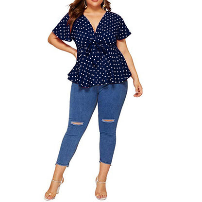 Women's Polka Dot V-Neck Short Sleeve Top