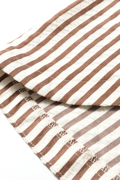 Brown Stripe Textured 3/4 Sleeve Round Hem Split Midi Shirt Dress