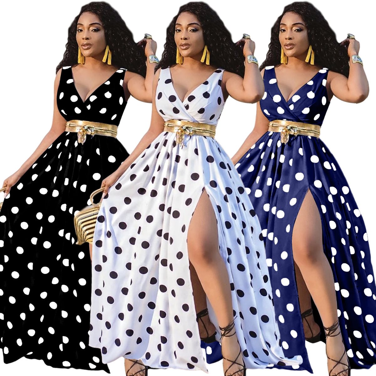 Fashionable Long Polka Dot Digital Print Dress- NO BELT