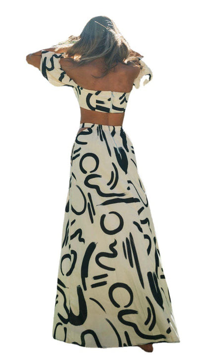 2-Piece Printed Set - Fashion puff sleeve top and A line skirt