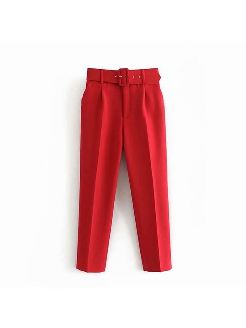 High Waist Slim Fit Suit Pants with Belt