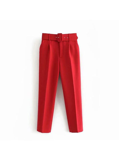 High Waist Slim Fit Suit Pants with Belt